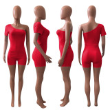 Solid One Shoulder Short Sleeve Romper NIK-241