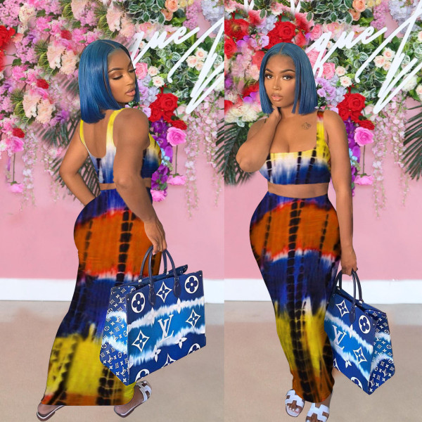 Tie Dye Print Sleeveless Maxi Skirt 2 Piece Sets FOSF-8075