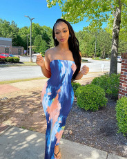 Tie Dye Plus Size Print Off Shoulder Strapless Long Tube Dress BGN-063