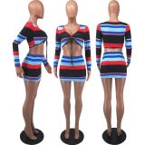 Sexy Striped Long Sleeve Mini Skirt 2 Piece Sets FOSF-8073