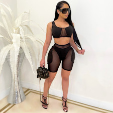Sexy Mesh Patchwork Tank Top Shorts 2 Piece Sets TR-1140