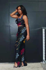 Letter Print Crop Top Split Pants 2 Piece Suits YMEF-5008