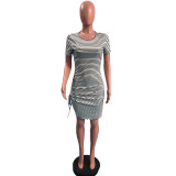 Sexy Striped Drawstring Split Mini Dress OMY-0016