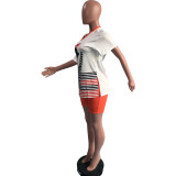 Casual Printed V Neck Split Top+Shorts 2 Piece Sets OMY-0017