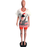 Casual Printed V Neck Split Top+Shorts 2 Piece Sets OMY-0017
