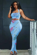 Letter Print Crop Top Split Pants 2 Piece Suits YMEF-5008