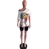 Casual Printed V Neck Split Top+Shorts 2 Piece Sets OMY-0017