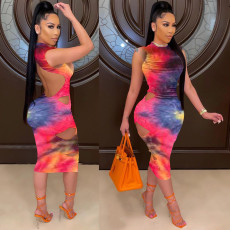 Tie Dye Sleeveless Hollow Midi Dress YMEF-5011