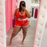 Plus Size Pink Letter Print Two Piece Short Sets WAF-7185