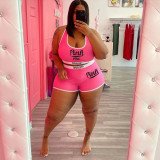 Plus Size Pink Letter Print Two Piece Short Sets WAF-7185