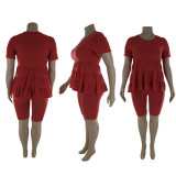 Plus Size Fat MM Solid Short Sleeve Two Piece Sets LP-6286