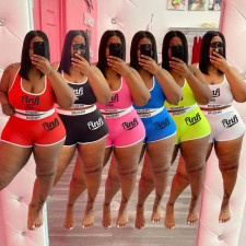 Plus Size Pink Letter Print Two Piece Short Sets WAF-7185