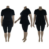 Plus Size Fat MM Solid Short Sleeve Two Piece Sets LP-6286