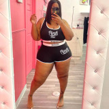 Plus Size Pink Letter Print Two Piece Short Sets WAF-7185