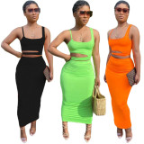 Solid Spaghetti Strap Maxi Skirt Hollow Two Piece Sets BGN-BN060