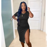 Solid Short Sleeve Drawstring Ruched Split Midi Dress OMY-0021