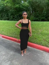 Solid Spaghetti Strap Maxi Skirt Hollow Two Piece Sets BGN-BN060
