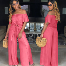 Solid Slash Neck Crop Top Split Wide Leg Pants Set DAI-8034