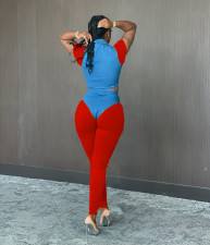 Casual Patchwork Zipper Short Sleeve 2 Piece Pant Sets DMF-8173