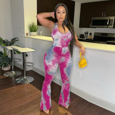 Tie Dye Print Backless Cross Strap Flared Jumpsuit DMF-8175