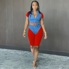 Casual Patchwork Zipper Short Sleeve 2 Piece Sets DMF-8174
