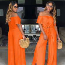 Solid Slash Neck Crop Top Split Wide Leg Pants Set DAI-8034