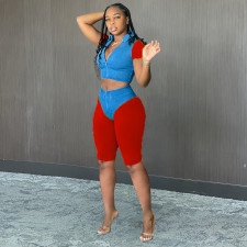 Casual Patchwork Zipper Short Sleeve 2 Piece Sets DMF-8174