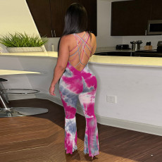 Tie Dye Print Backless Cross Strap Flared Jumpsuit DMF-8175