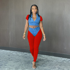 Casual Patchwork Zipper Short Sleeve 2 Piece Pant Sets DMF-8173