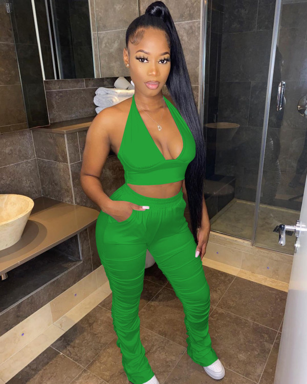 Solid Halter Backless Crop Top Stacked Pants 2 Piece Sets YNSF-1633