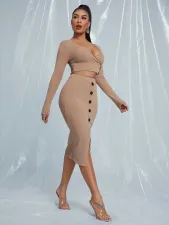 Sexy Long Sleeve Top Midi Skirt 2 Piece Sets YNSF-1626