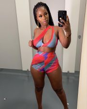 Sexy Printed One Shoulder Sleeveless 2 Piece Shorts Set YNSF-1647