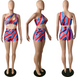 Sexy Printed One Shoulder Sleeveless 2 Piece Shorts Set YNSF-1647