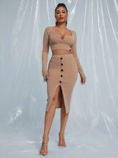 Sexy Long Sleeve Top Midi Skirt 2 Piece Sets YNSF-1626