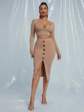 Sexy Long Sleeve Top Midi Skirt 2 Piece Sets YNSF-1626