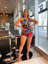 Colorful Printed One Shoulder Ruched Mini Dress YNSF-1636