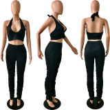 Solid Halter Backless Crop Top Stacked Pants 2 Piece Sets YNSF-1633