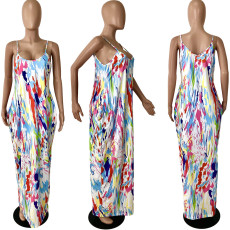 Sexy Printed Spaghetti Strap Loose Maxi Dress YNSF-1645