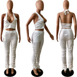 Solid Halter Backless Crop Top Stacked Pants 2 Piece Sets YNSF-1633