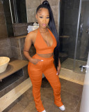 Solid Halter Backless Crop Top Stacked Pants 2 Piece Sets YNSF-1633