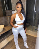 Solid Halter Backless Crop Top Stacked Pants 2 Piece Sets YNSF-1633