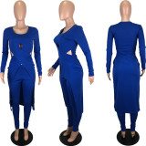 Solid Long Sleeve High Low Top And Pants Set YNSF-1609