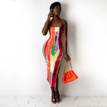 Sexy Printed Cross Strap Split Midi Dress YIBF-6073