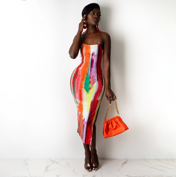 Sexy Printed Cross Strap Split Midi Dress YIBF-6073