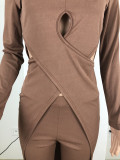 Solid Long Sleeve High Low Top And Pants Set YNSF-1609