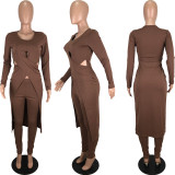 Solid Long Sleeve High Low Top And Pants Set YNSF-1609