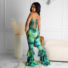 Sexy Printed Sleeveless Strap Flared Jumpsuit QSF-5086