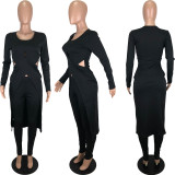Solid Long Sleeve High Low Top And Pants Set YNSF-1609