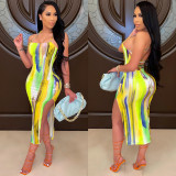 Sexy Printed Cross Strap Split Midi Dress YIBF-6073