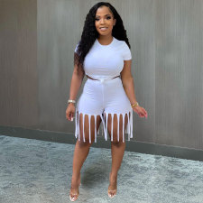 Plus Size Solid Color Short Sleeve And Tassel Shorts Two Piece Sets MTY-6529